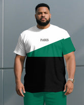Men's Plus Size Green & White & Black Colorblock Chest King Print Round Neck Short Sleeve T-Shirt Shorts Suit